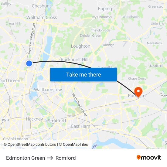 Edmonton Green to Romford map