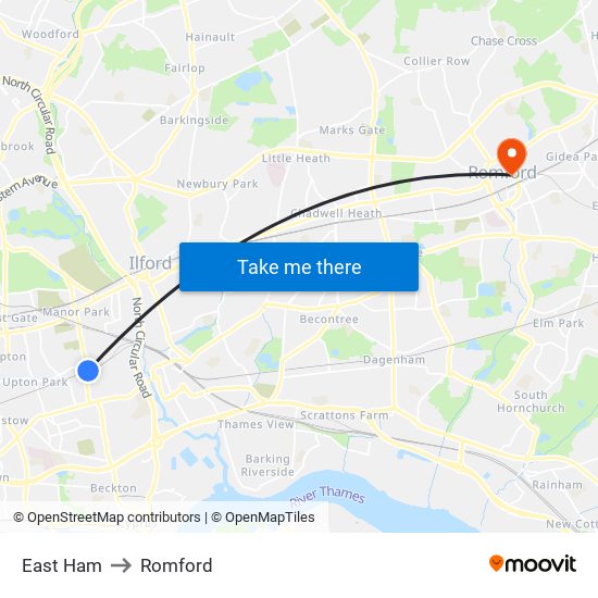 East Ham to Romford map