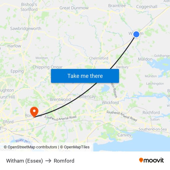 Witham (Essex) to Romford map