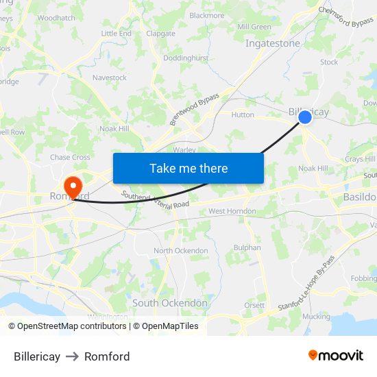 Billericay to Romford map