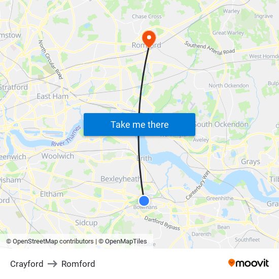 Crayford to Romford map