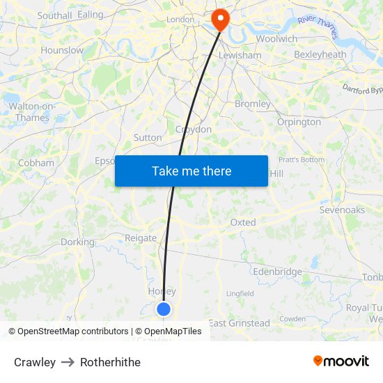 Crawley to Rotherhithe map