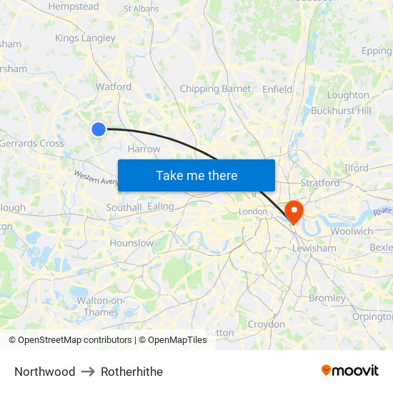 Northwood to Rotherhithe map