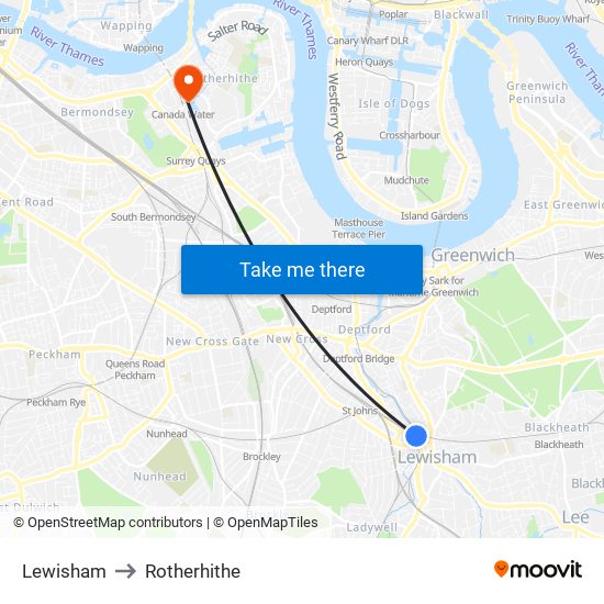 Lewisham to Rotherhithe map