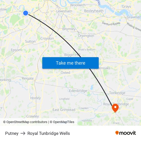 Putney to Royal Tunbridge Wells map