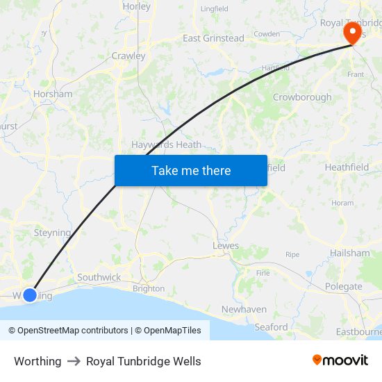 Worthing to Royal Tunbridge Wells map