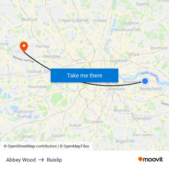 Abbey Wood to Ruislip map