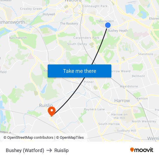 Bushey (Watford) to Ruislip map