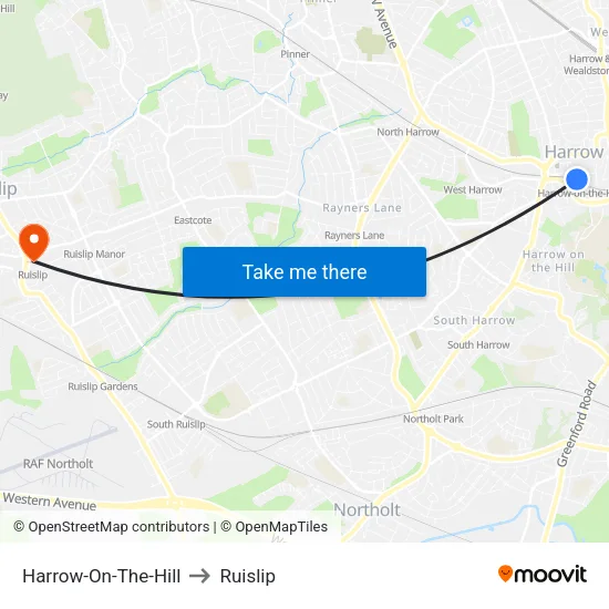 Harrow-On-The-Hill to Ruislip map