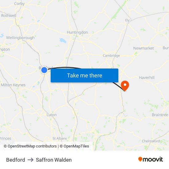 Bedford to Saffron Walden map