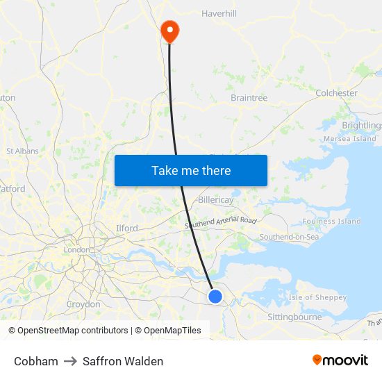 Cobham to Saffron Walden map