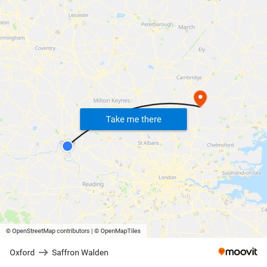 Oxford to Saffron Walden map