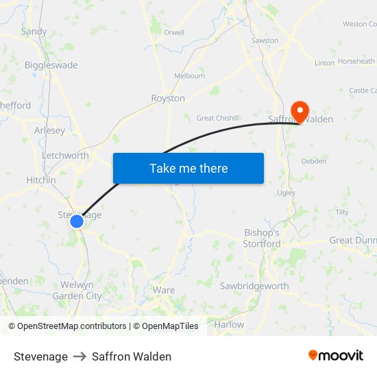 Stevenage to Saffron Walden map