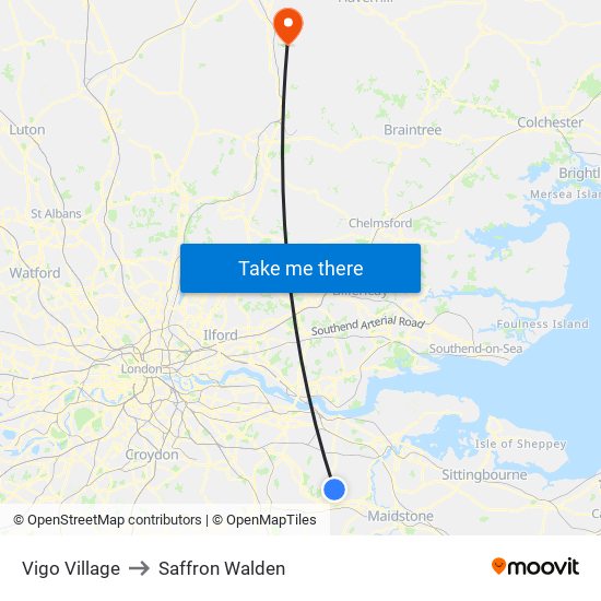 Vigo Village to Saffron Walden map