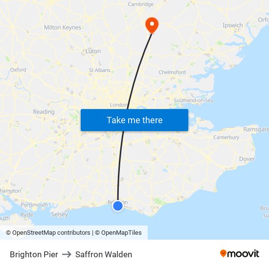 Brighton Pier to Saffron Walden map