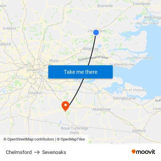 Chelmsford to Sevenoaks map