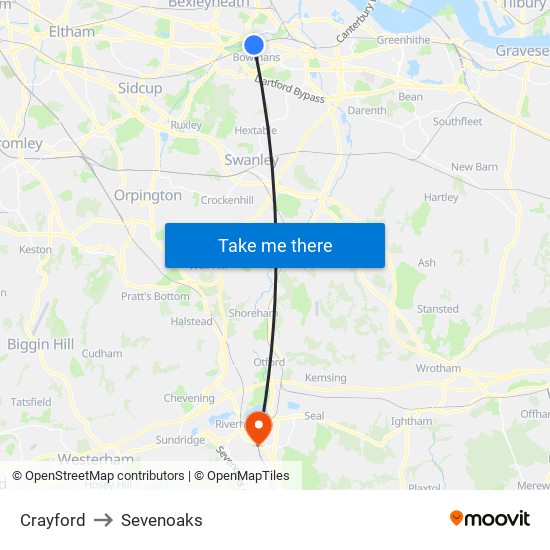 Crayford to Sevenoaks map