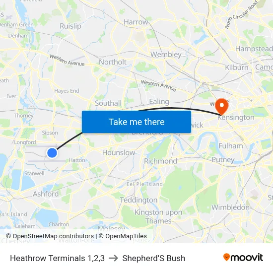 Heathrow Terminals 1,2,3 to Shepherd'S Bush map