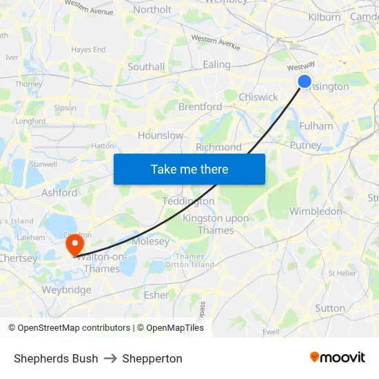 Shepherds Bush to Shepperton map