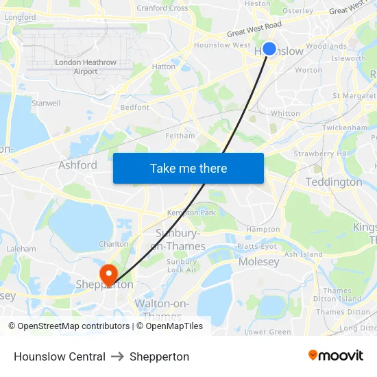 Hounslow Central to Shepperton map