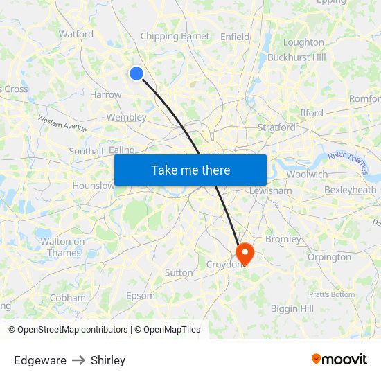 Edgeware to Shirley map