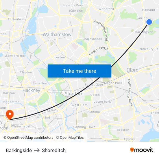 Barkingside to Shoreditch map