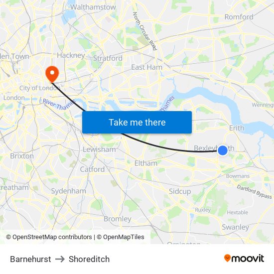 Barnehurst to Shoreditch map