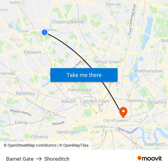 Barnet Gate to Shoreditch map