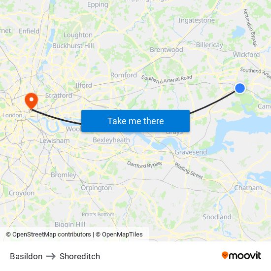 Basildon to Shoreditch map