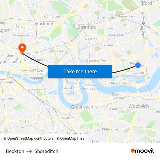 Beckton to Shoreditch map