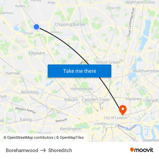 Borehamwood to Shoreditch map