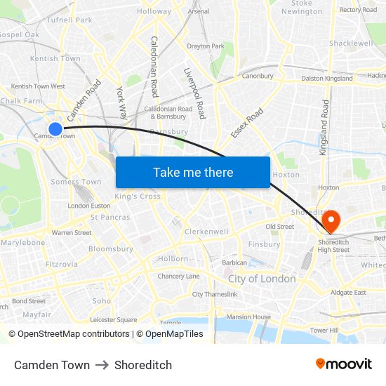 Camden Town to Shoreditch map