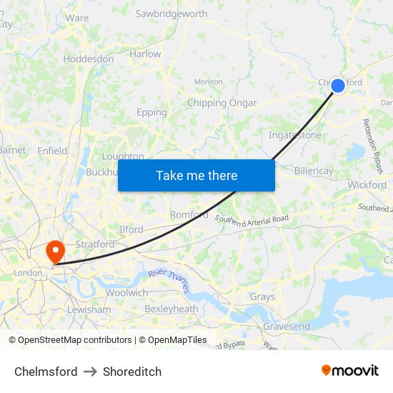 Chelmsford to Shoreditch map