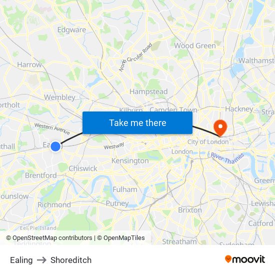 Ealing to Shoreditch map