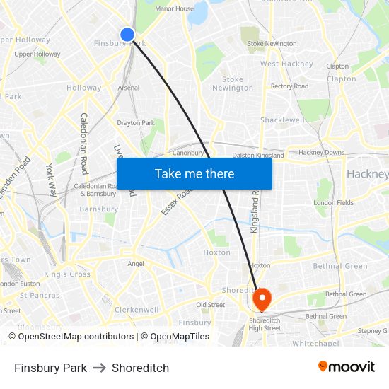 Finsbury Park Overground Map Finsbury Park To Shoreditch, London With Public Transportation