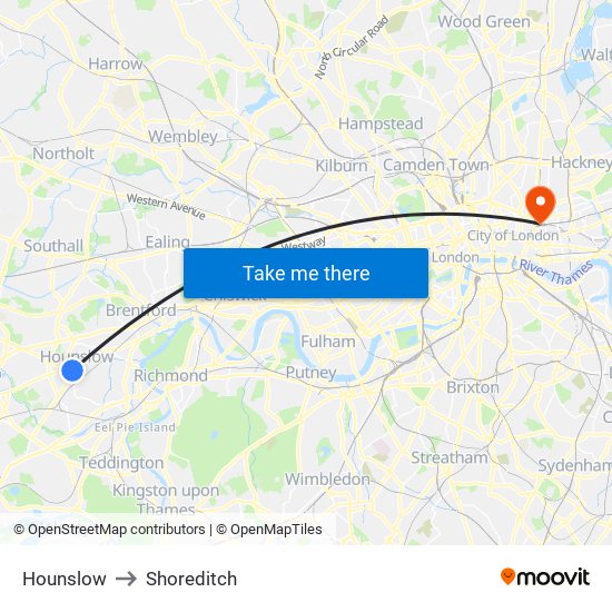 Hounslow to Shoreditch map