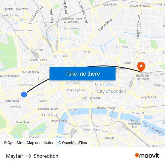 Mayfair to Shoreditch map