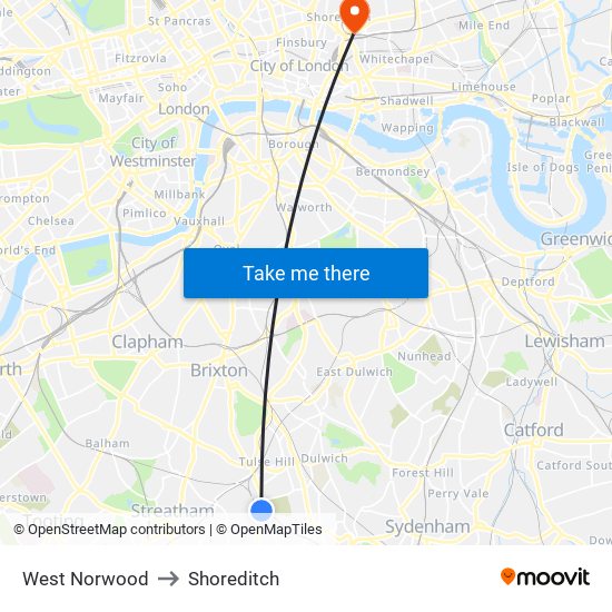 West Norwood to Shoreditch map