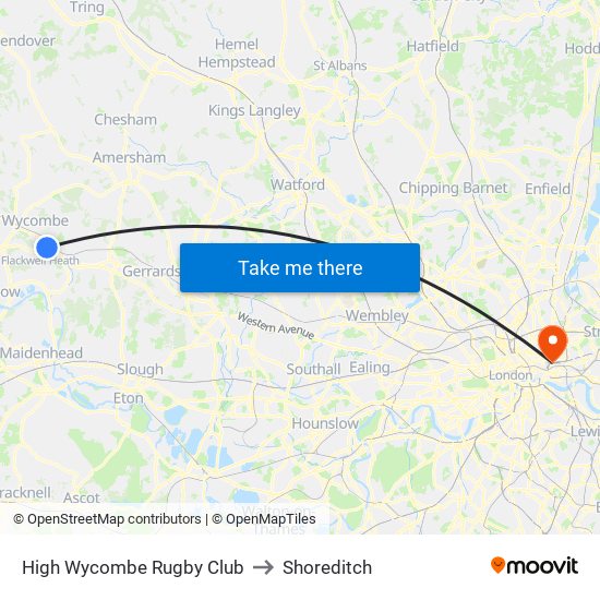 High Wycombe Rugby Club to Shoreditch map