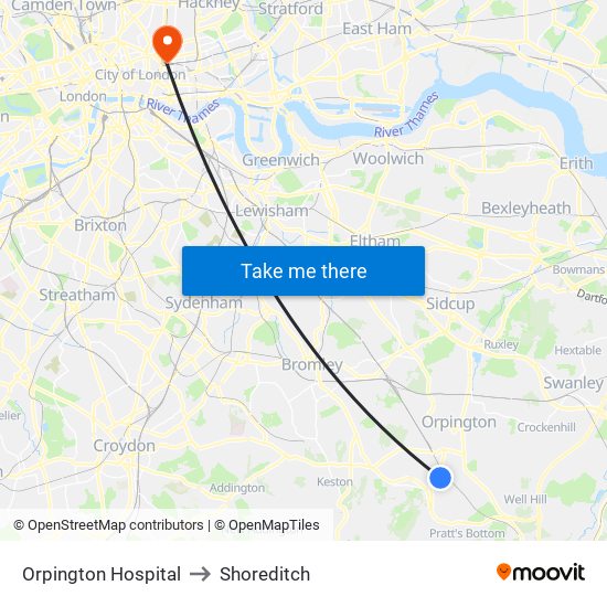 Orpington Hospital to Shoreditch map