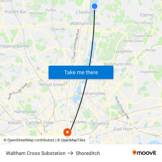 Waltham Cross Substation to Shoreditch map