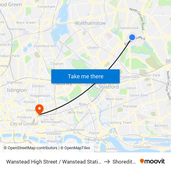 Wanstead High Street / Wanstead Station to Shoreditch map