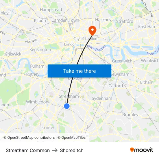 Streatham Common to Shoreditch map