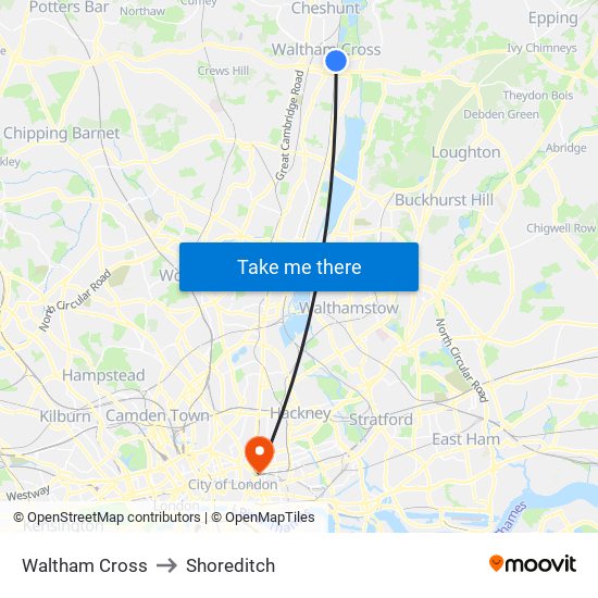 Waltham Cross to Shoreditch map