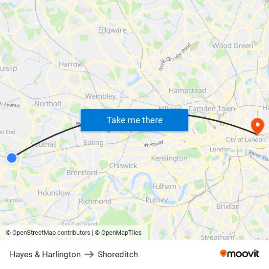 Hayes & Harlington to Shoreditch map