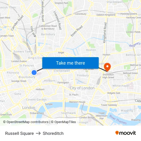 Russell Square to Shoreditch map