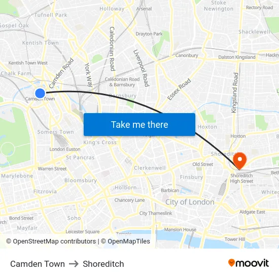 Camden Town to Shoreditch map