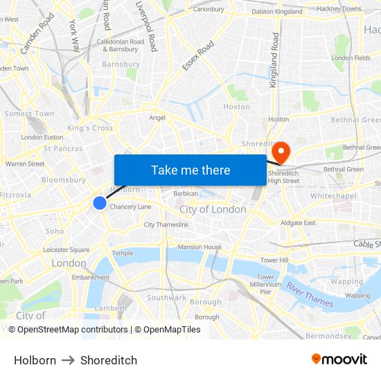 Holborn to Shoreditch map