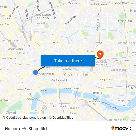 Holborn to Shoreditch map