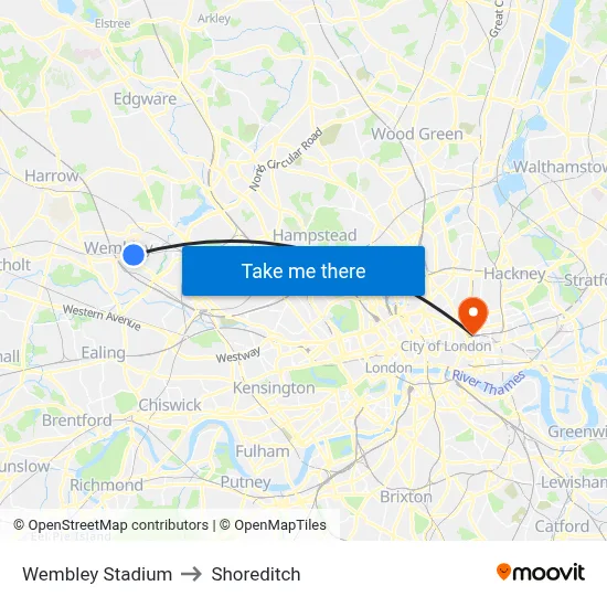 Wembley Stadium to Shoreditch map